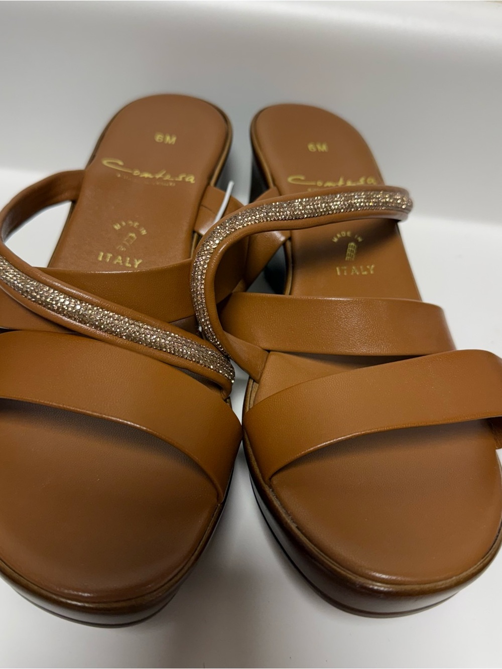Italy Women's Tan Slide Sandals with Beaded Strap